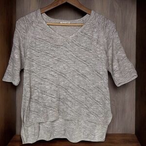 Eileen Fisher Short Sleeve Linen Knit Hi Low Sweater Metallic Cream